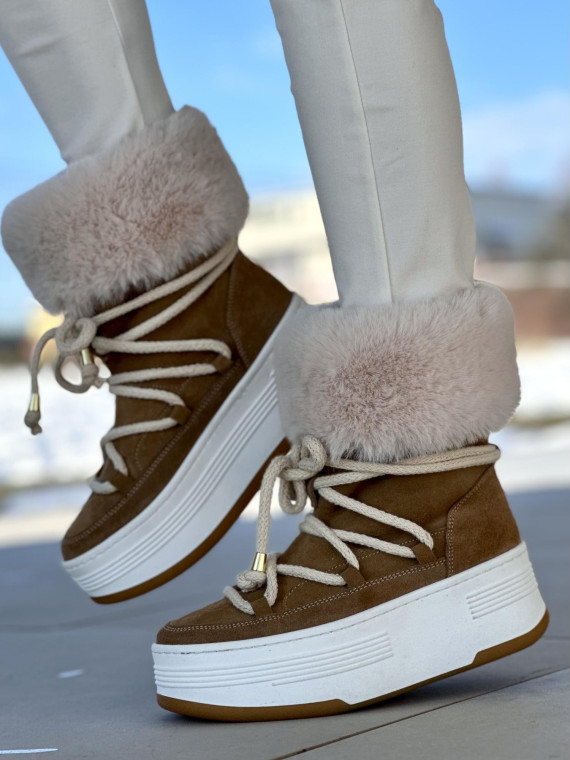 Beżowe śniegowce damskie skórzane