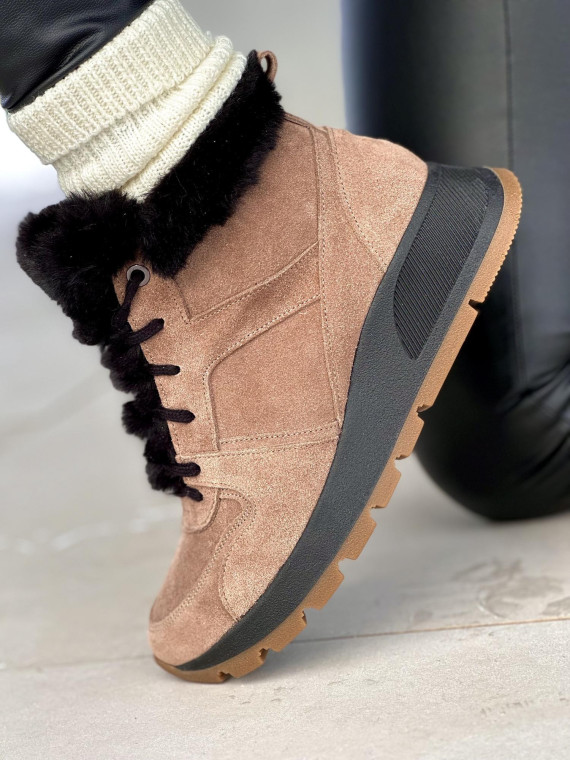 Brązowe ocieplane sneakersy damskie ze skóry naturalnej welurowej