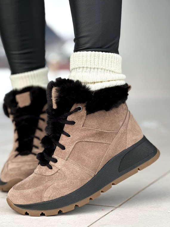 Brązowe ocieplane sneakersy damskie ze skóry naturalnej welurowej