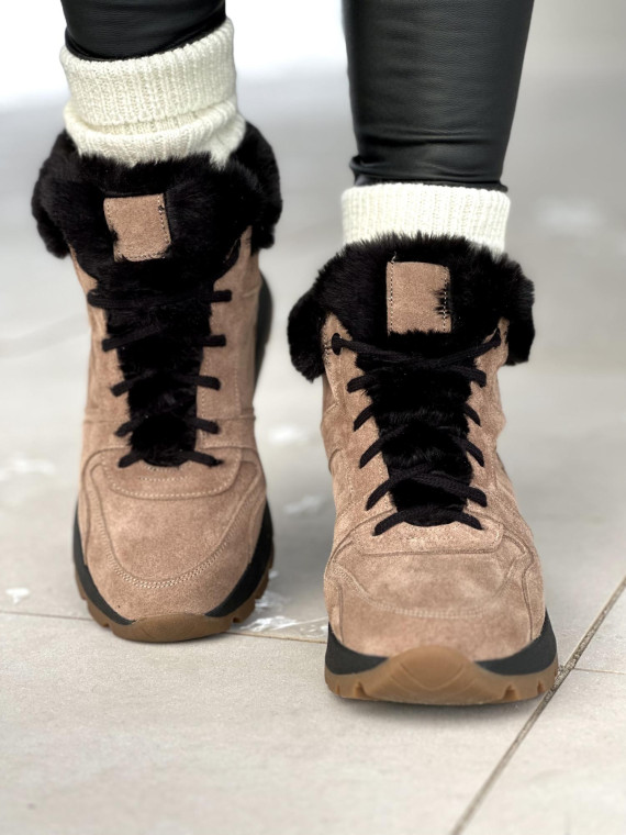 Brązowe ocieplane sneakersy damskie ze skóry naturalnej welurowej