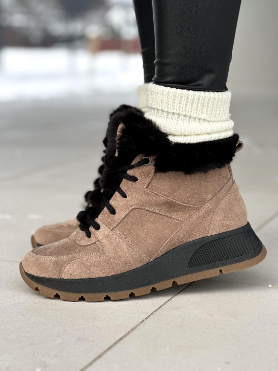 Brązowe ocieplane sneakersy damskie ze skóry naturalnej welurowej