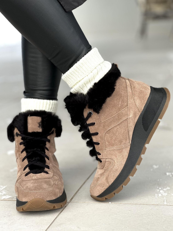 Brązowe ocieplane sneakersy damskie ze skóry naturalnej welurowej