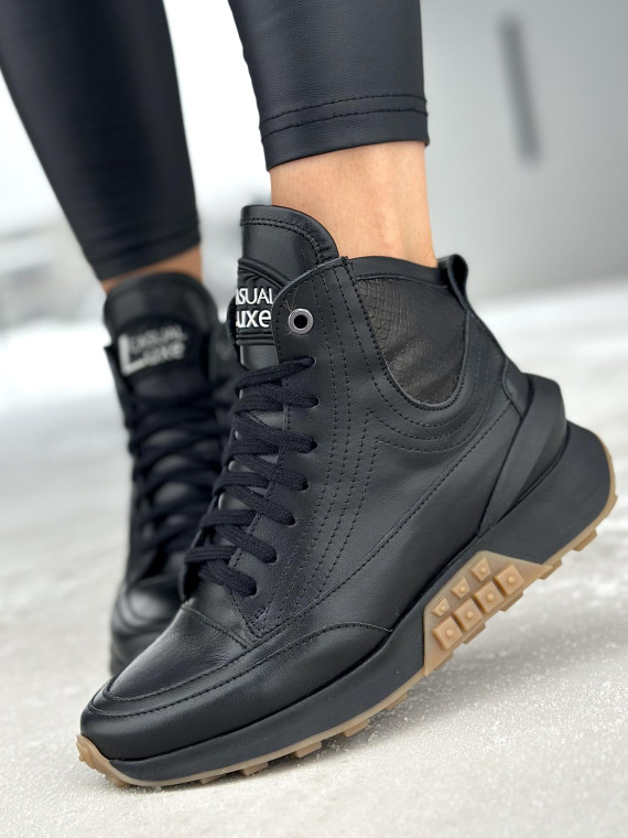 Czarne lekko ocieplane wysokie sneakersy damskie ze skóry naturalnej