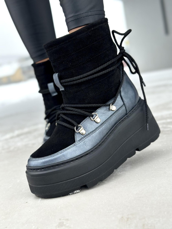 Czarne ocieplane futrem śniegowce damskie ze skóry naturalnej welurowej z grubą lekką podeszwą