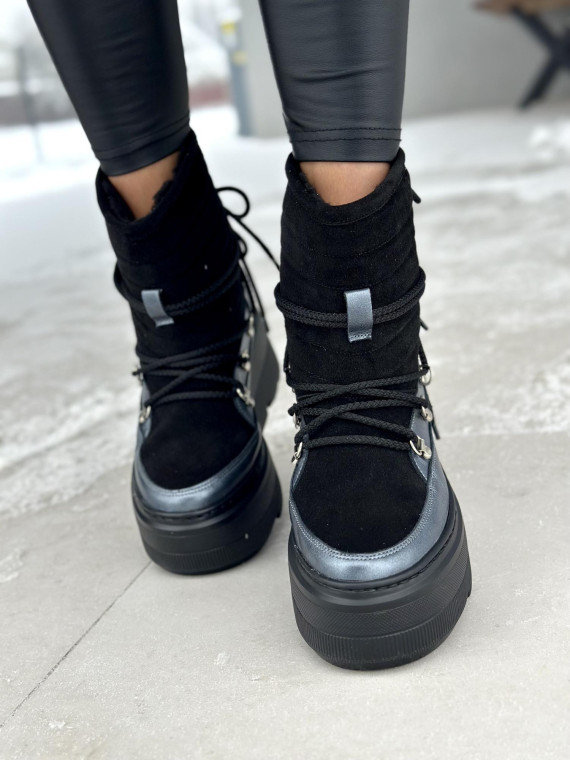 Czarne ocieplane futrem śniegowce damskie ze skóry naturalnej welurowej z grubą lekką podeszwą