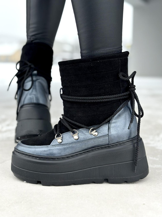 Czarne ocieplane futrem śniegowce damskie ze skóry naturalnej welurowej z grubą lekką podeszwą