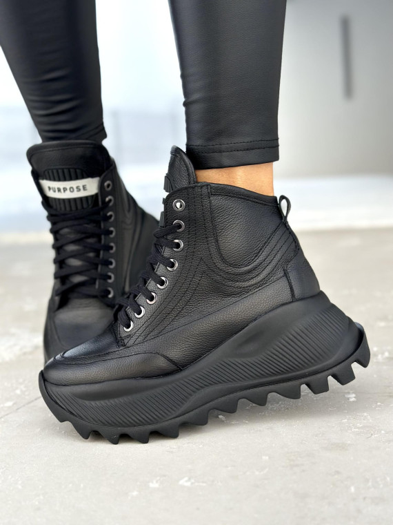 Czarne ocieplane sneakersy damskie ze skóry naturalnej