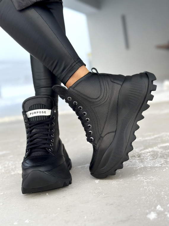 Czarne ocieplane sneakersy damskie ze skóry naturalnej