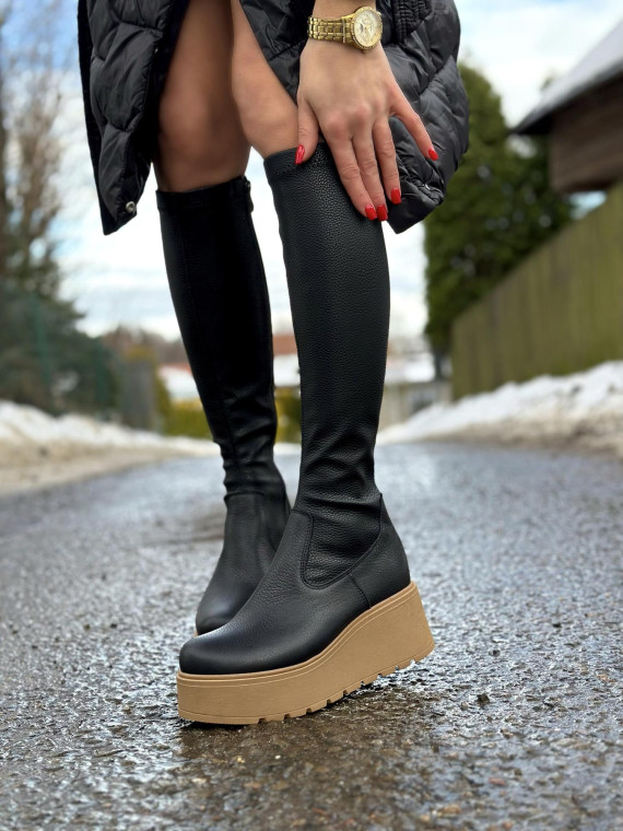 Czarne kozaki damskie połączenie lycry i skóry naturalnej