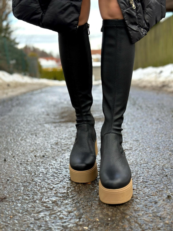 Czarne kozaki damskie połączenie lycry i skóry naturalnej