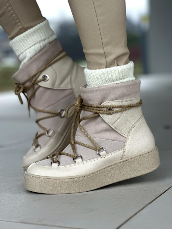 Beżowe ciepłe śniegowce damskie ze skóry naturalnej z ozdobnym wiązaniem