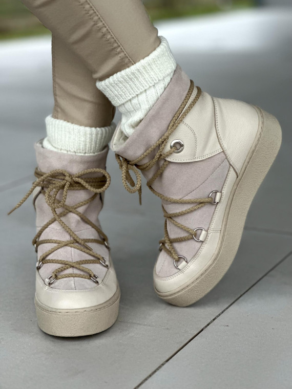 Beżowe ciepłe śniegowce damskie ze skóry naturalnej z ozdobnym wiązaniem