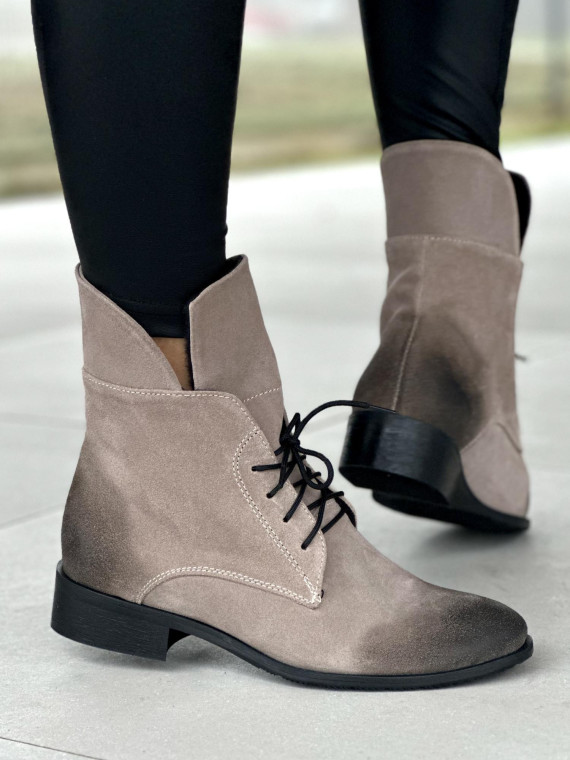 Szare ciepłe botki damskie ze skóry naturalnej welurowej