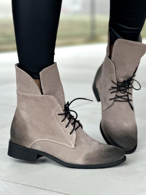 Szare ciepłe botki damskie ze skóry naturalnej welurowej