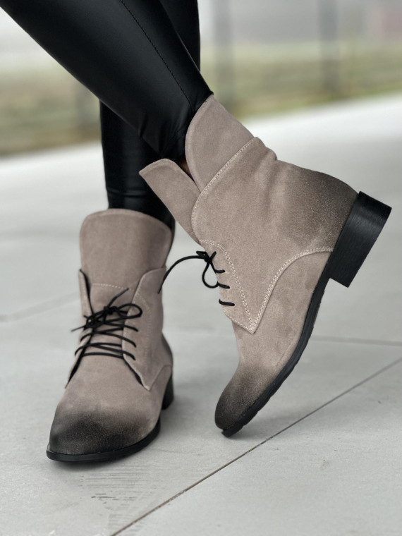 Szare ciepłe botki damskie ze skóry naturalnej welurowej