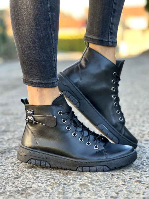 Wysokie czarne trampki damskie ze skóry naturalnej