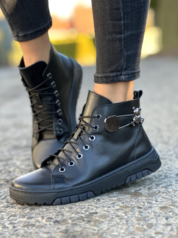 Wysokie czarne trampki damskie ze skóry naturalnej