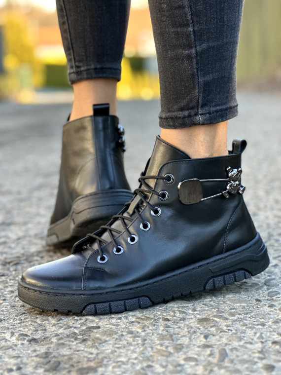 Wysokie czarne trampki damskie ze skóry naturalnej