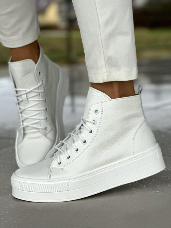 Białe wysokie trampki damskie ze skóry naturalnej