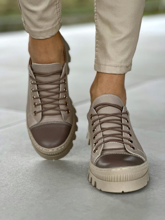 Beżowe niskie trapery damskie skóra naturalna