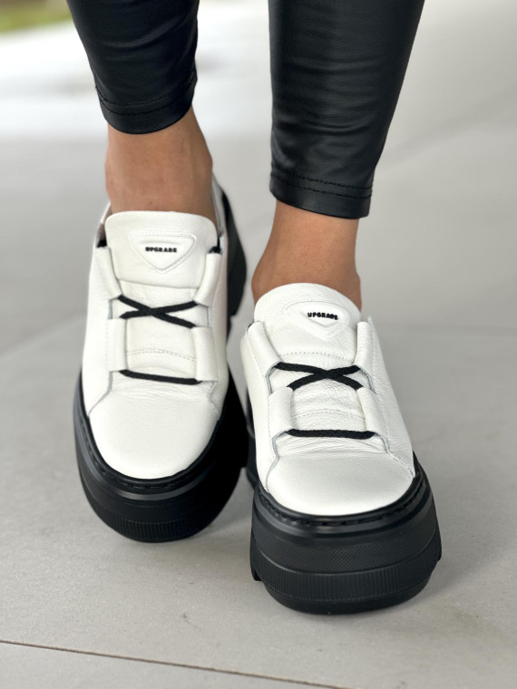 Biało-czarne trampki damskie na grubej lekkiej podeszwie skóra naturalna