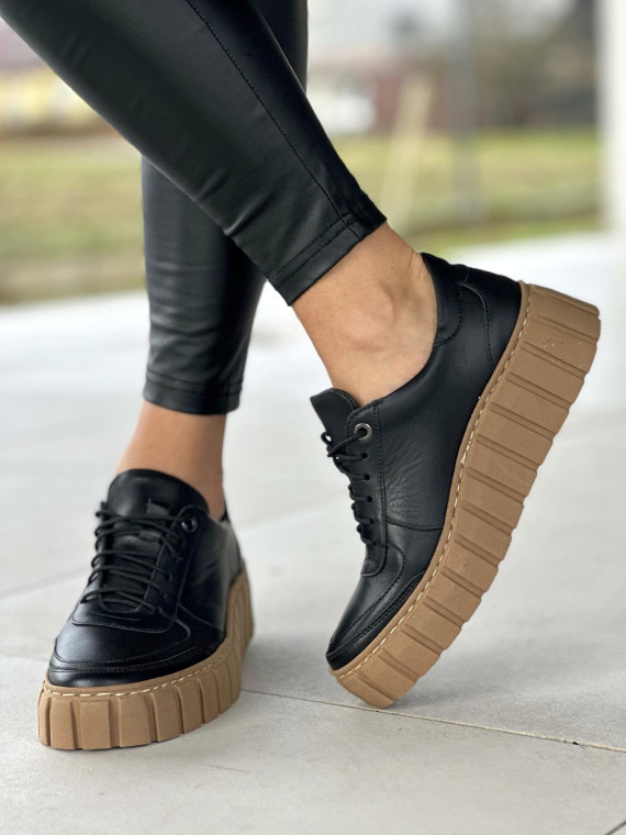 Czarne trampki damskie na grubej podeszwie skóra naturalna