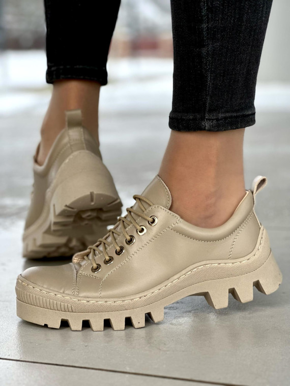 Beżowe niskie trapery damskie, skóra naturalna