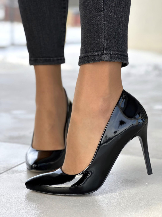 Klasyczne czarne czółenka szpilki damskie na wysokim obcasie, skóra naturalna