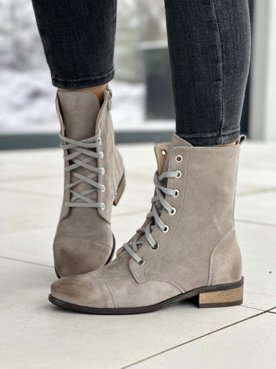 Stylowe szare botki damskie sznurowane, skóra naturalna zamszowa