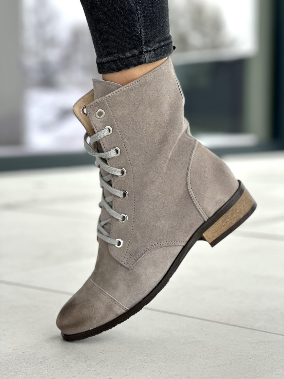 Stylowe szare botki damskie sznurowane, skóra naturalna zamszowa