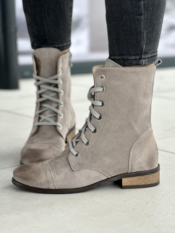 Stylowe szare botki damskie sznurowane, skóra naturalna zamszowa