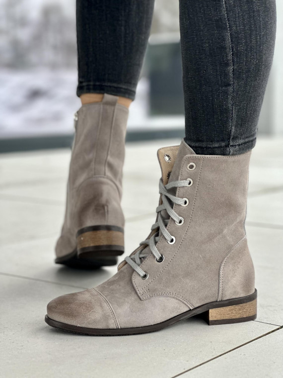 Stylowe szare botki damskie sznurowane, skóra naturalna zamszowa