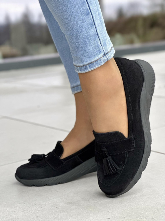 Lekkie i zgrabne czarne mokasyny damskie, skóra naturalna zamszowa