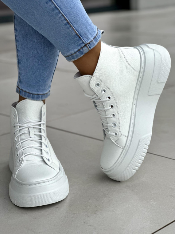 Wysokie, bardzo lekkie białe trampki damskie na wyższej podeszwie light motion, skóra naturalna