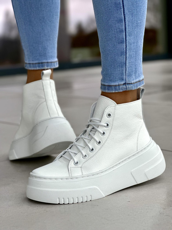 Wysokie, bardzo lekkie białe trampki damskie na wyższej podeszwie light motion, skóra naturalna