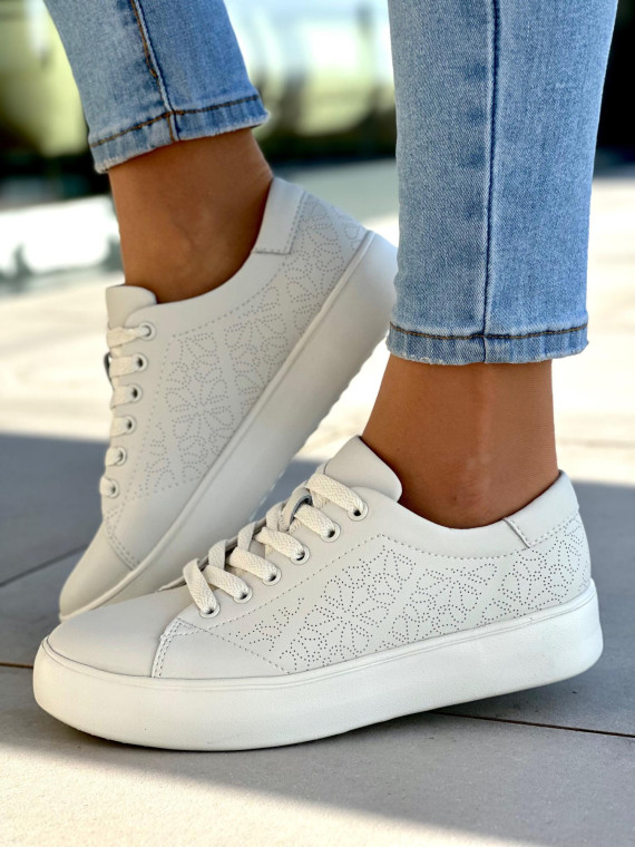 Lekkie, jasno-beżowe trampki damskie, skóra naturalna