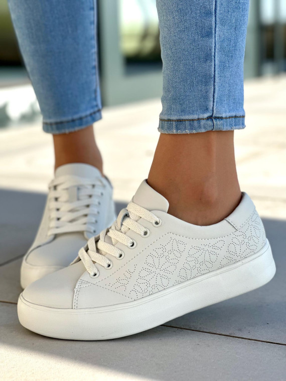 Lekkie, jasno-beżowe trampki damskie, skóra naturalna