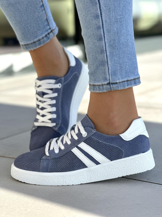 Lekkie i wygodne niebieskie trampki damskie, skóra naturalna