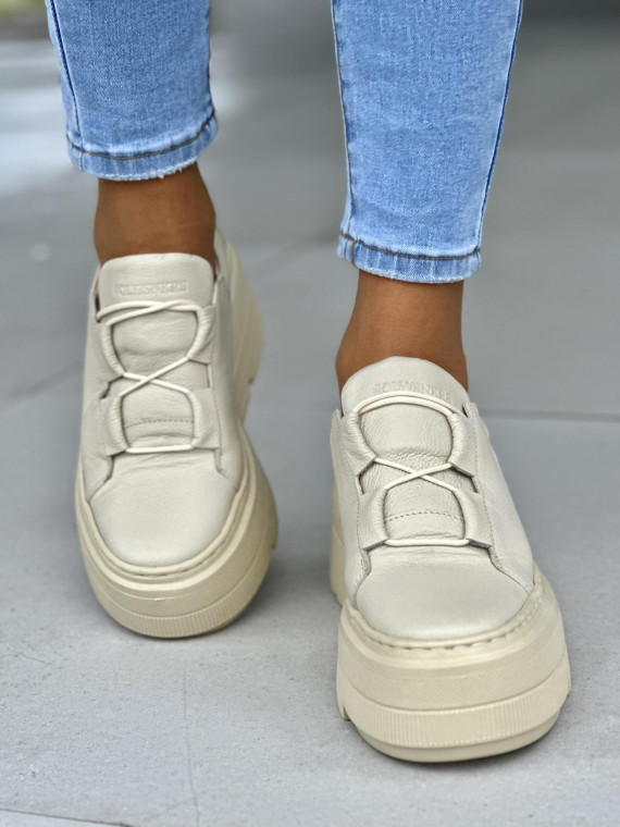 Lekkie beżowe trampki damskie na grubej platformie, skóra naturalna