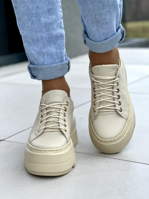 Beżowe trampki damskie na grubej lekkiej platformie, skóra naturalna