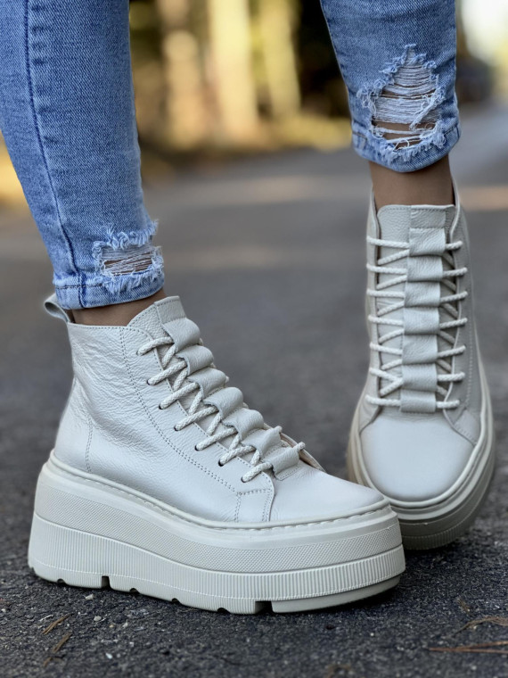 Wysokie beżowe trampki damskie na lekkiej grubej platformie, skóra naturalna