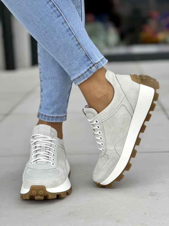 Wygodne jasno-szare sneakersy damskie, skóra naturalna welurowa