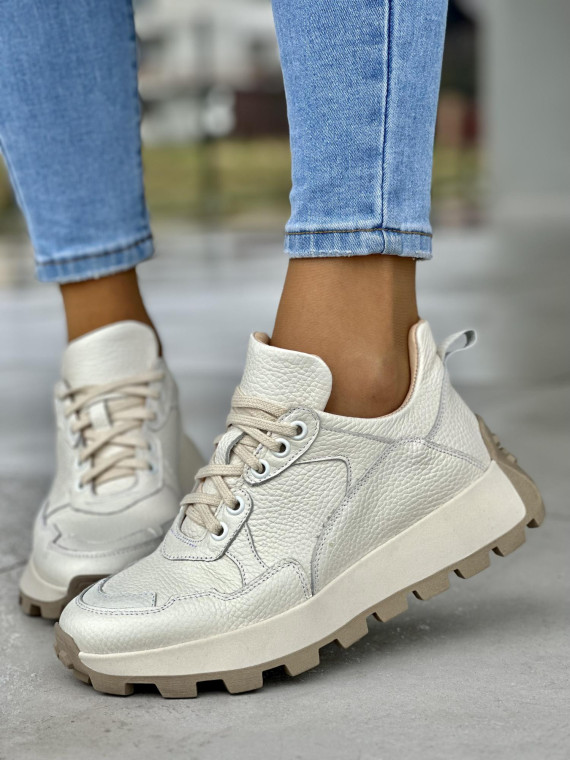 Wygodne kremowe sneakersy damskie, skóra naturalna