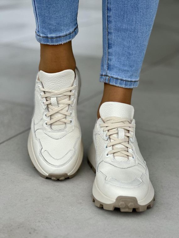 Wygodne kremowe sneakersy damskie, skóra naturalna