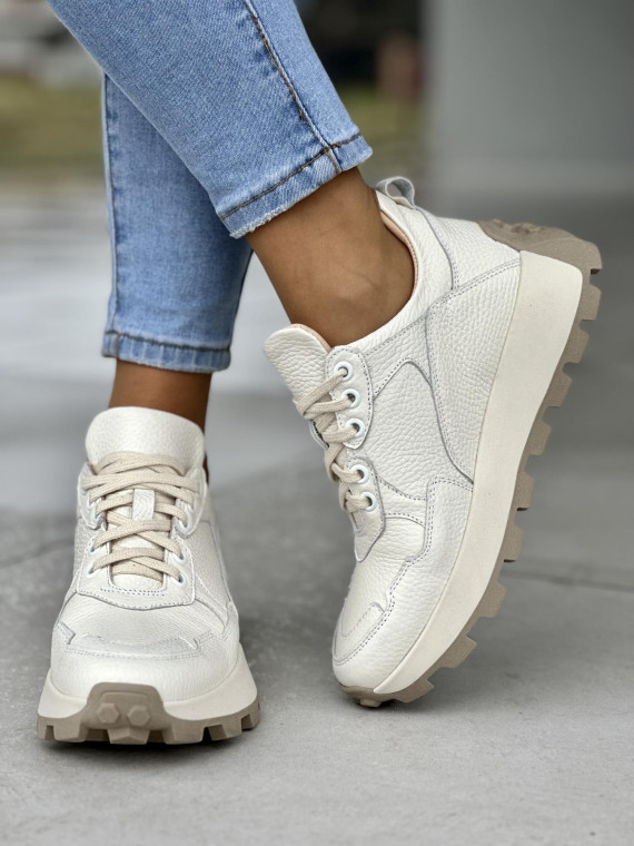 Wygodne kremowe sneakersy damskie, skóra naturalna