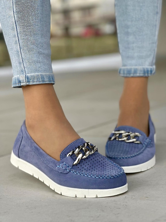 Lekkie ażurowe niebieskie mokasyny damskie ze srebrną ozdobą, skóra naturalna