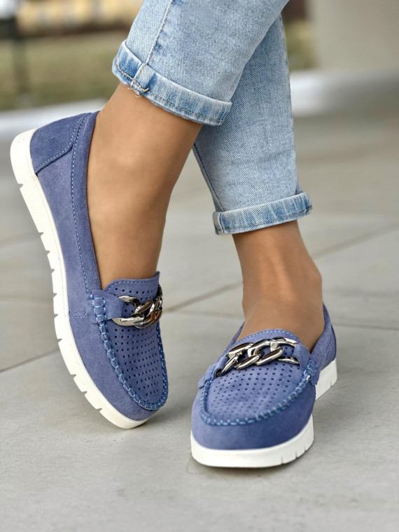 Lekkie ażurowe niebieskie mokasyny damskie ze srebrną ozdobą, skóra naturalna