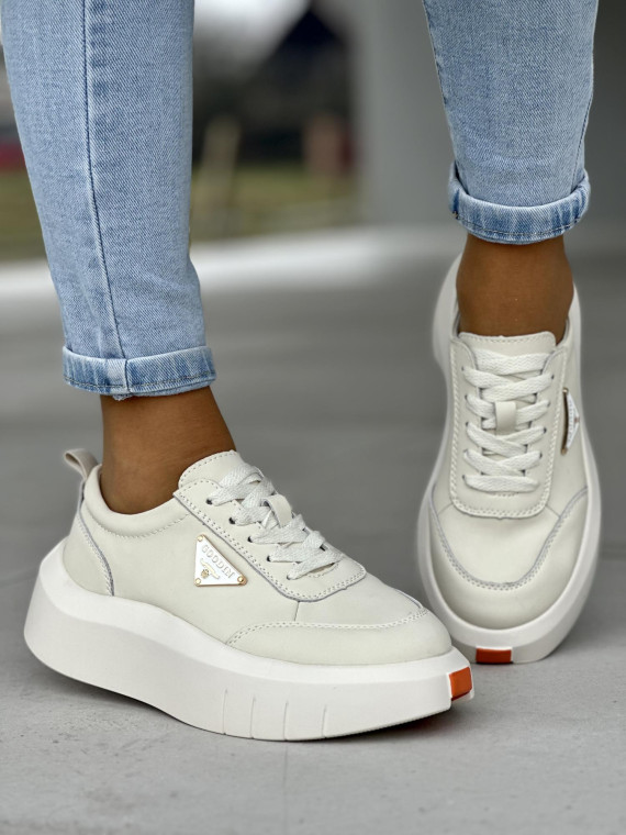 Wygodne i lekkie beżowe sneakersy damskie, skóra naturalna