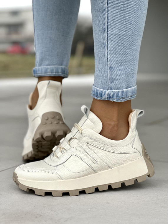 Śliczne kremowe sneakersy damskie, skóra naturalna
