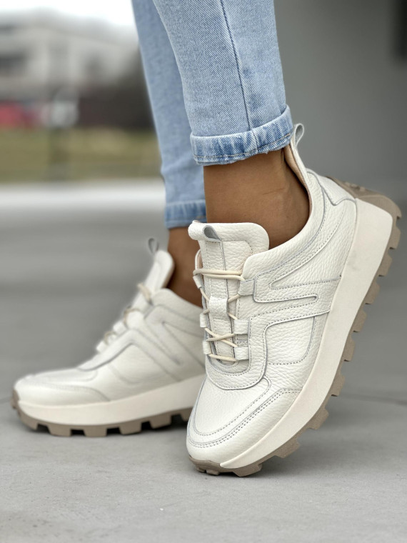 Śliczne kremowe sneakersy damskie, skóra naturalna